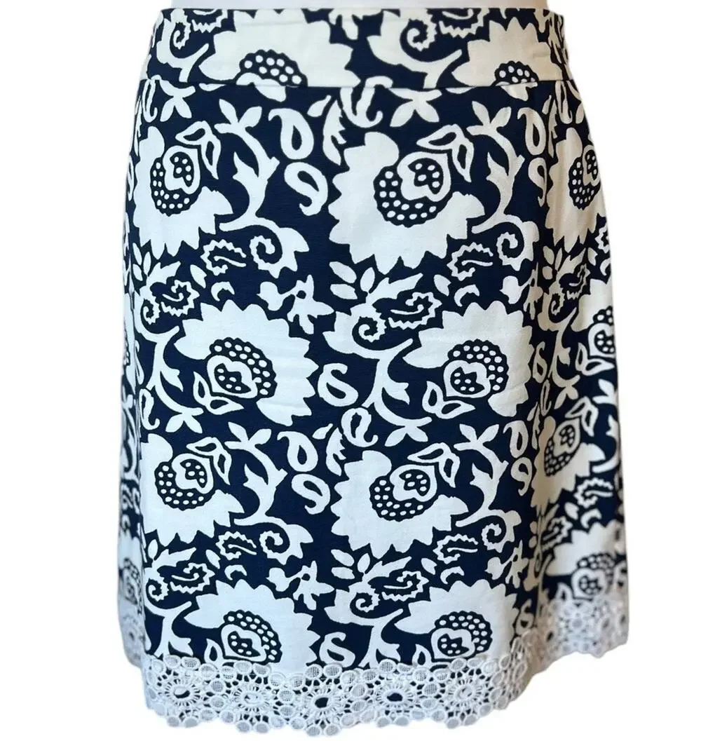 Talbots Navy White Woodblock Floral Stretch Cotton Canvas Skirt Lace Trim 8P